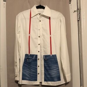 Funky White Shirt with Denim Print and Red Suspenders